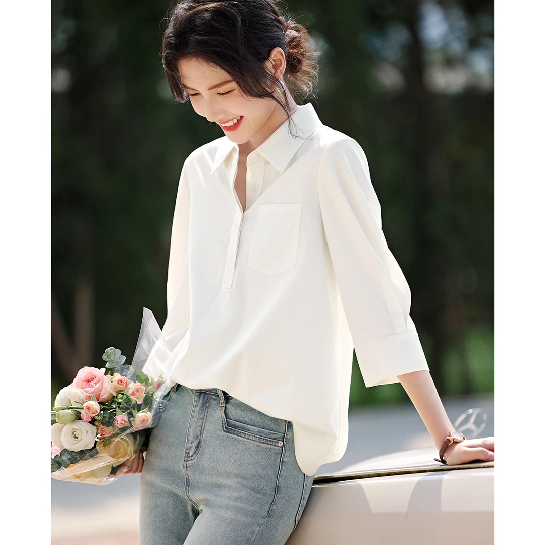 XWI/欣未【极简主义】2025中袖polo领双门襟百搭通勤气质衬衫21012