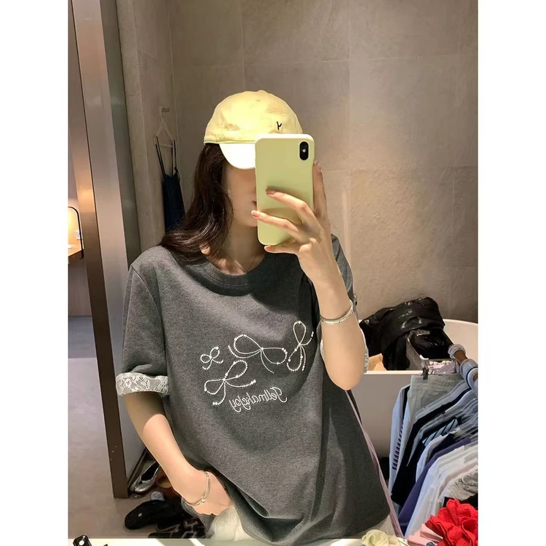 【现货秒发-NAZ微胖定制】手工钉珠拼接蕾丝绣袖口蝴蝶结印花