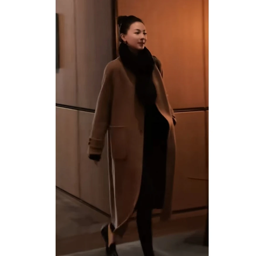 容雨RYHOME~羊驼单扣圆领一体式拉毛长款大衣外套243W1832