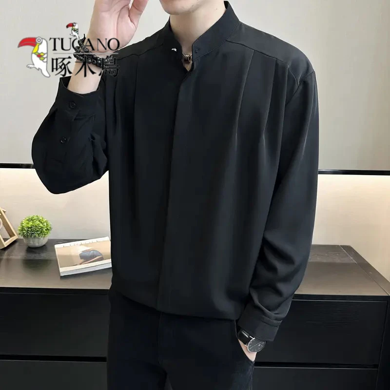 啄木鸟衬衫男款长袖秋季新款纯色翻领休闲百搭宽松韩版轻熟衬衣男