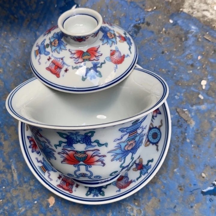 摆件陶瓷竹溪道人缠枝八宝三才盖碗