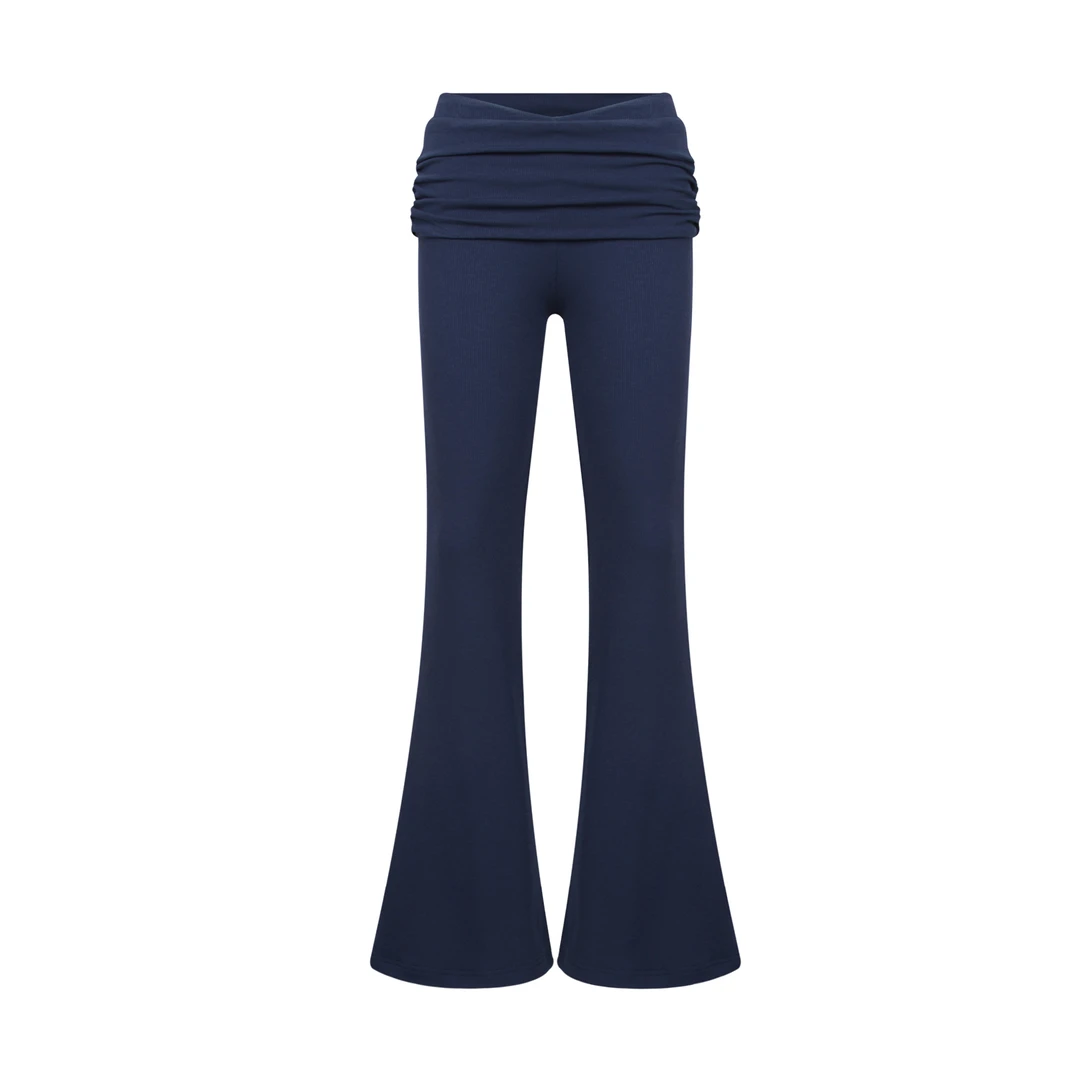 【Aliu自制】辣妹V型低腰性感翻腰褶皱弹力喇叭裤女螺纹提臀微喇裤