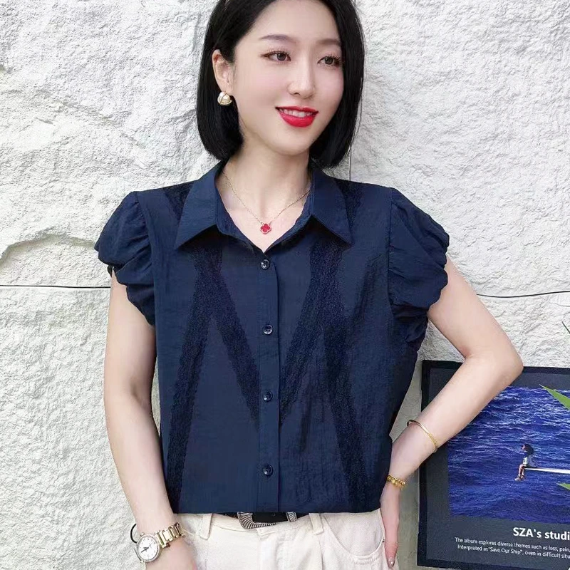 高端欧货衬衫夏季新款设计感小众蕾丝刺绣花苞袖翻领抽绳上衣女潮