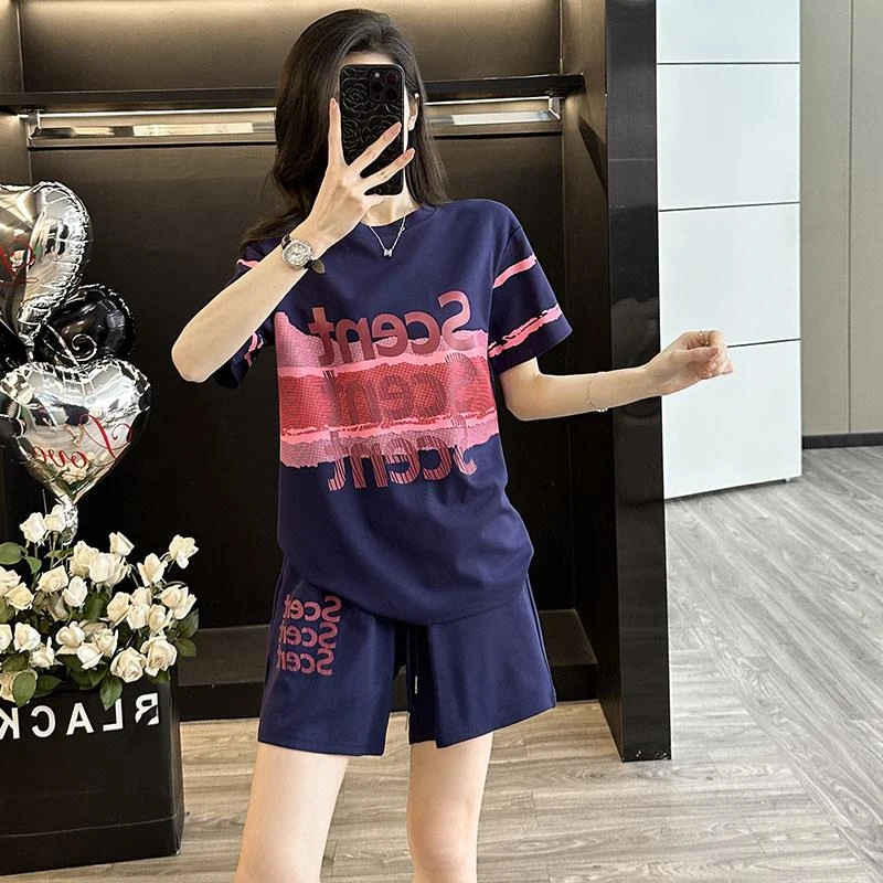 印花短袖运动套装女夏2025休闲时尚短裤两件套宽松潮减龄跑步显瘦