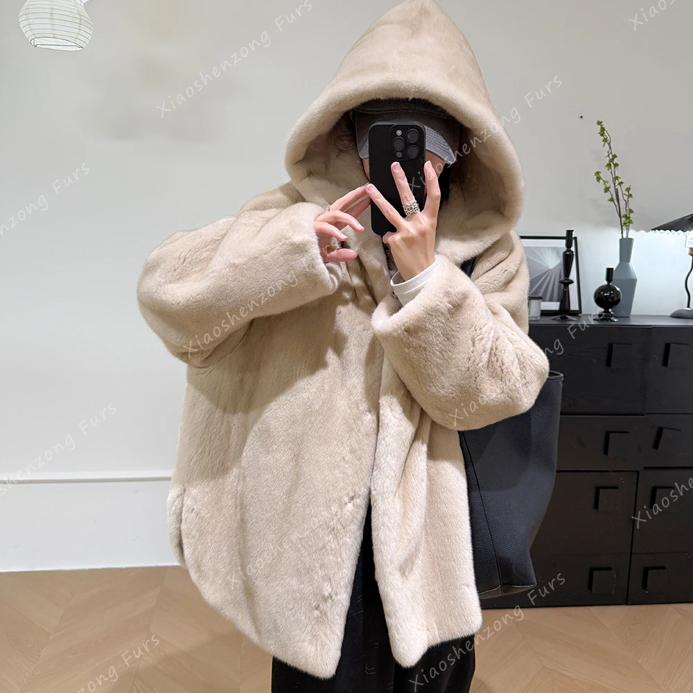 新款中长款连帽大码宽松进口水貂皮草外套大衣天鹅绒短二整貂2595