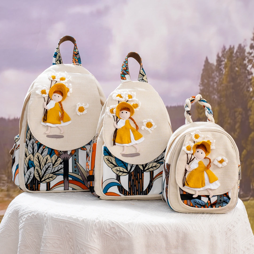 大号2025民族风透气清新小女孩手工刺绣双肩包新款原创棉麻亲子包