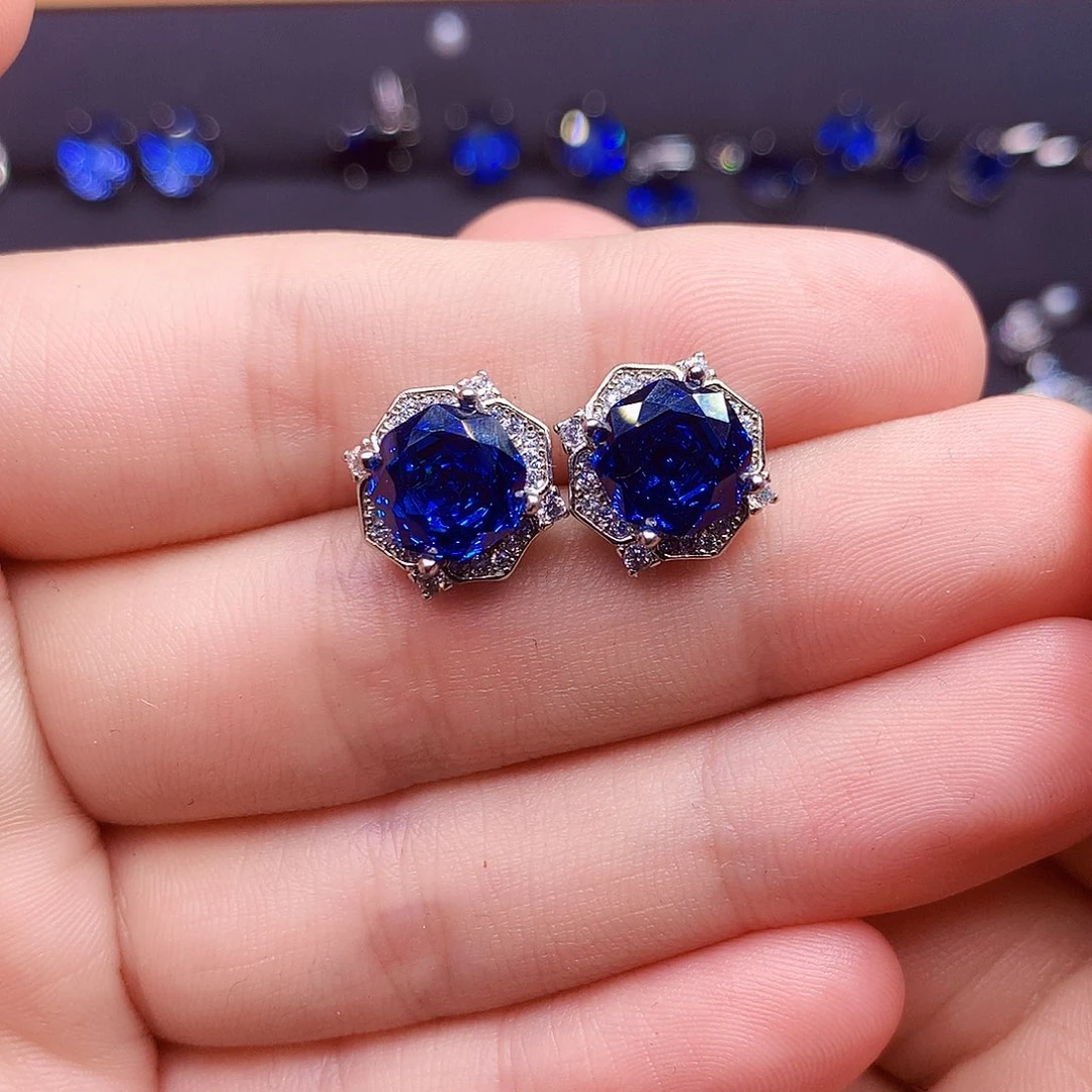 蓝宝石耳饰银S925镶嵌