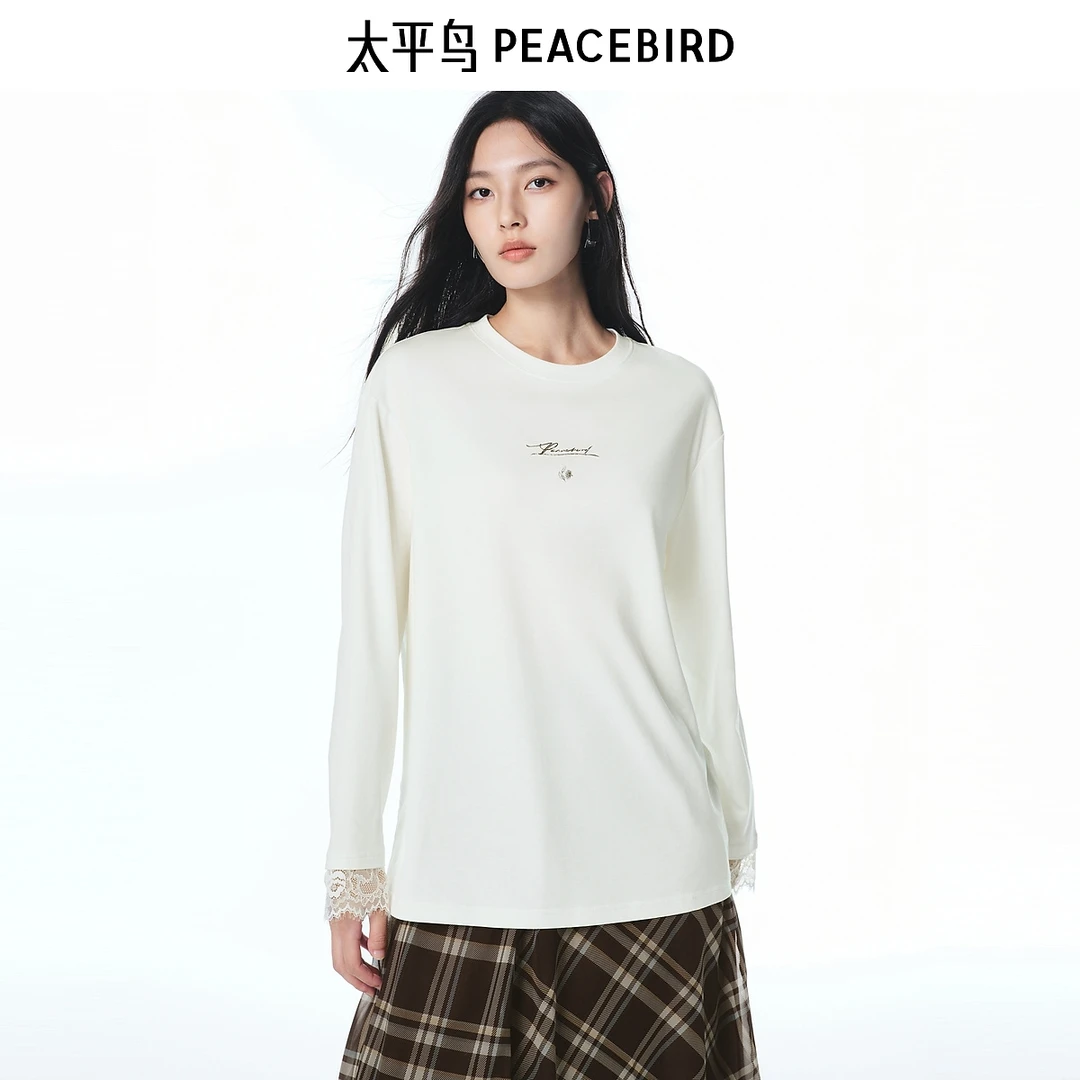 【商场同款】太平鸟25秋季新款双面绒透气蕾丝长袖T恤A3CPF3279