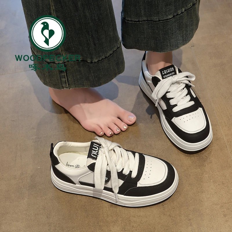 啄木鸟平底小白鞋女2025夏秋新款透气百搭增高休闲鞋学生韩版板鞋