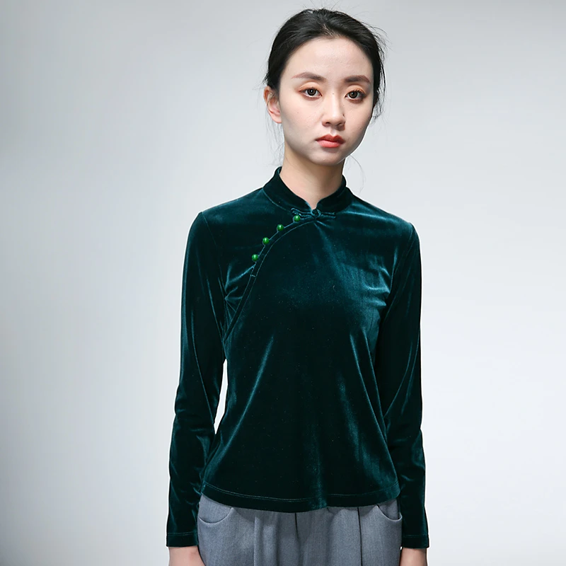 A6639新中式国风丝绒改良旗袍衬衫上衣立领复古百搭打底衫女