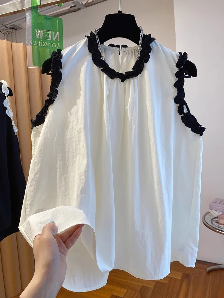 1216木耳边无袖衬衫上衣女夏季2025新款宽松漂亮超好看洋气小衫