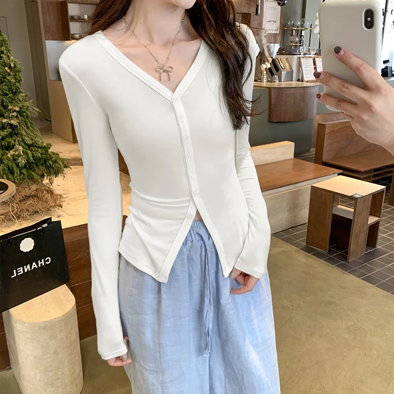 独特别致超好看辣妹V领长袖内搭打底衫女2025春秋新款长袖T恤上衣