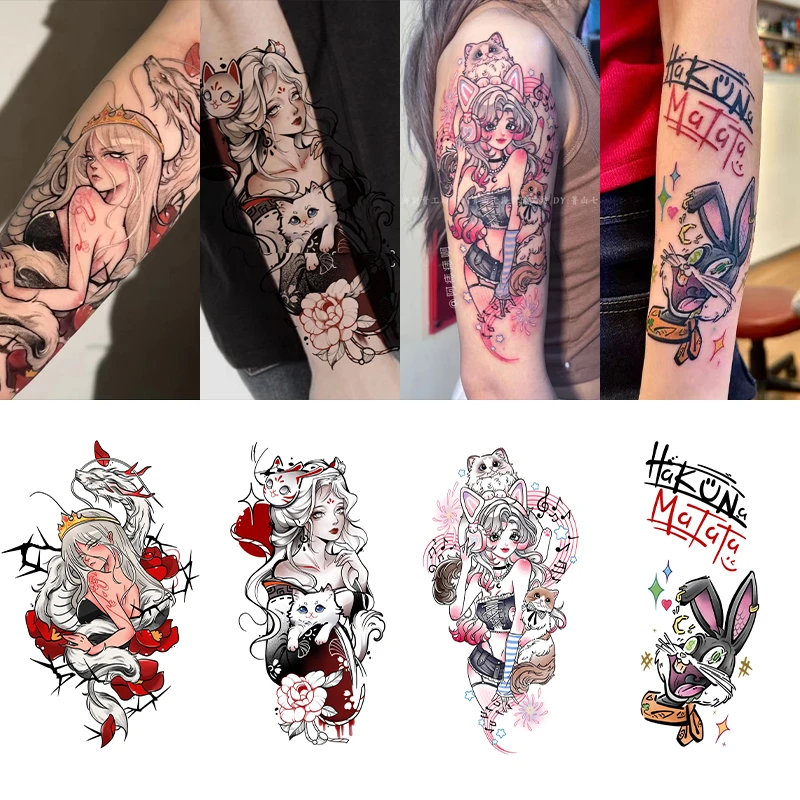 夏日oldschool拼接花臂彩色纹身贴防水女持久酷潮刺青仿真可水洗