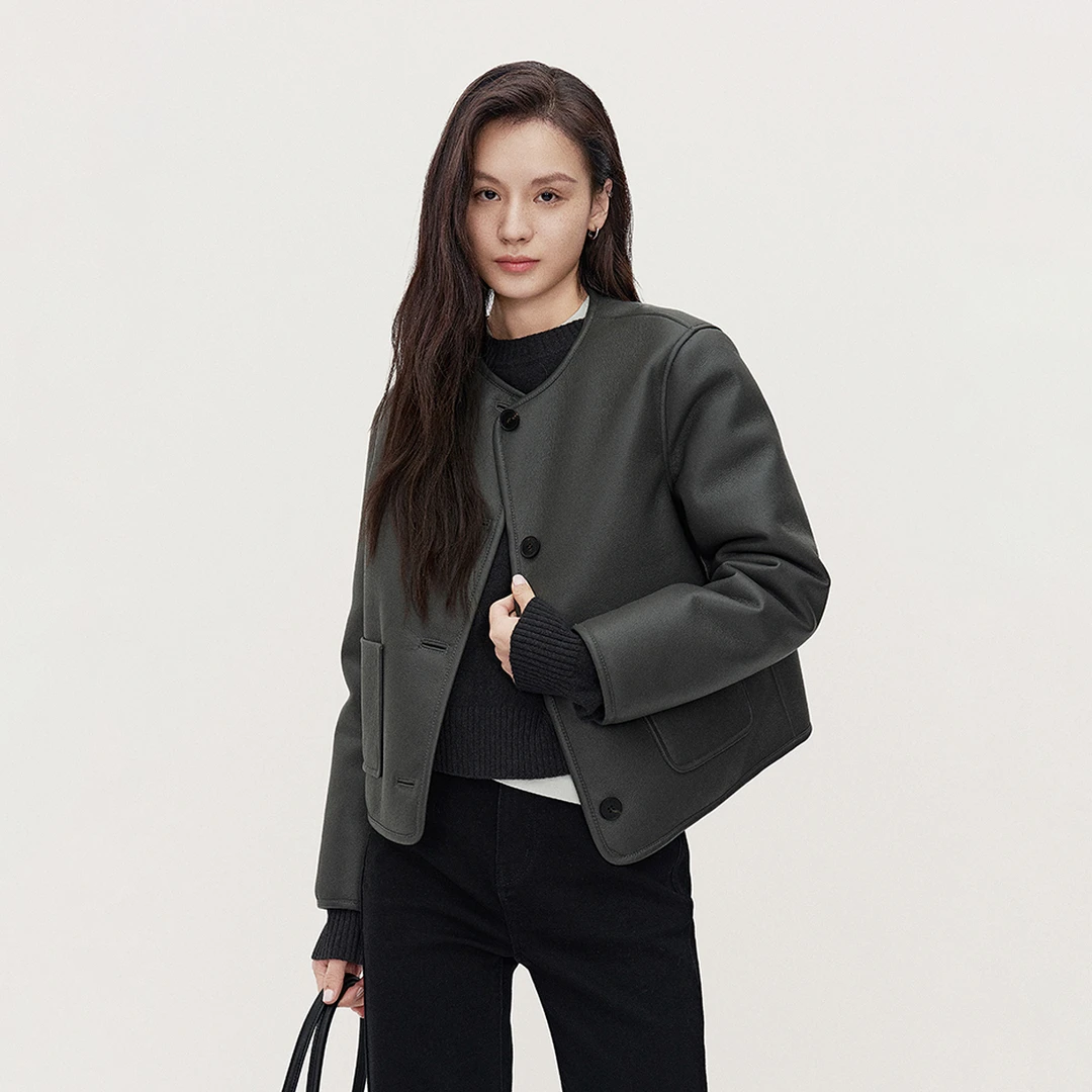 #ochirly小香风机车皮衣外套上衣圆领秋冬新品加厚加绒