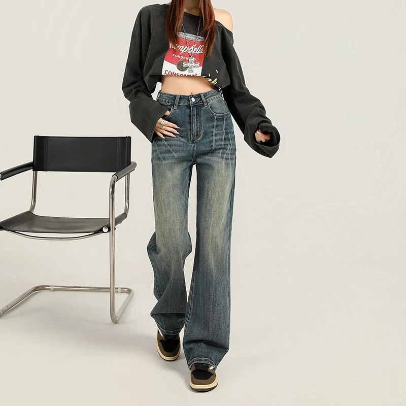 华利尔斯美式重工高街扎染弹力直筒牛仔舒适超柔垂顺宽松窄阔怀旧