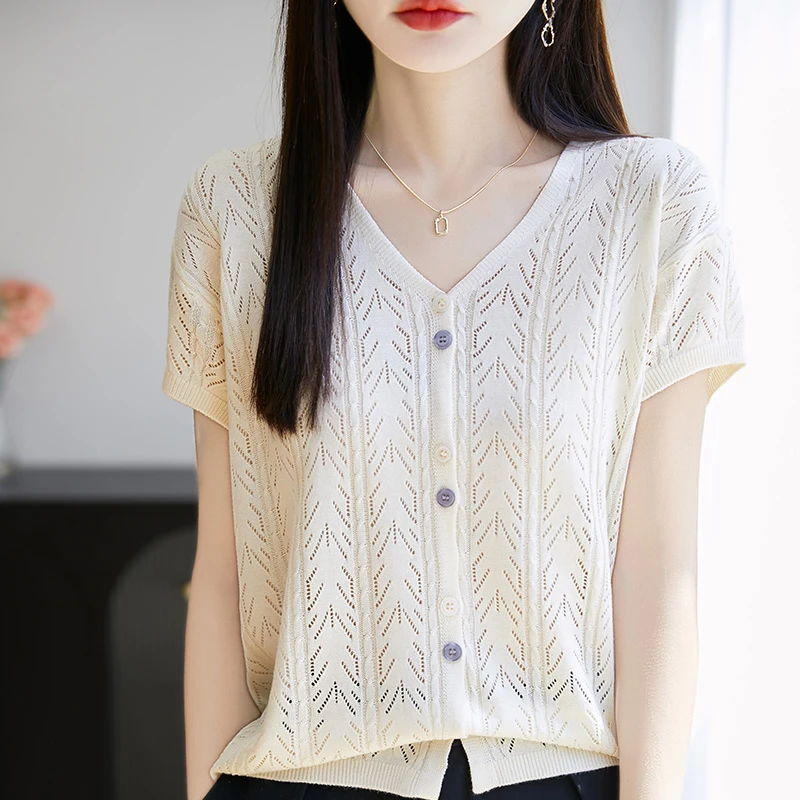 法式复古镂空V领针织开衫短袖女夏薄款设计感小飞袖显瘦外搭上衣