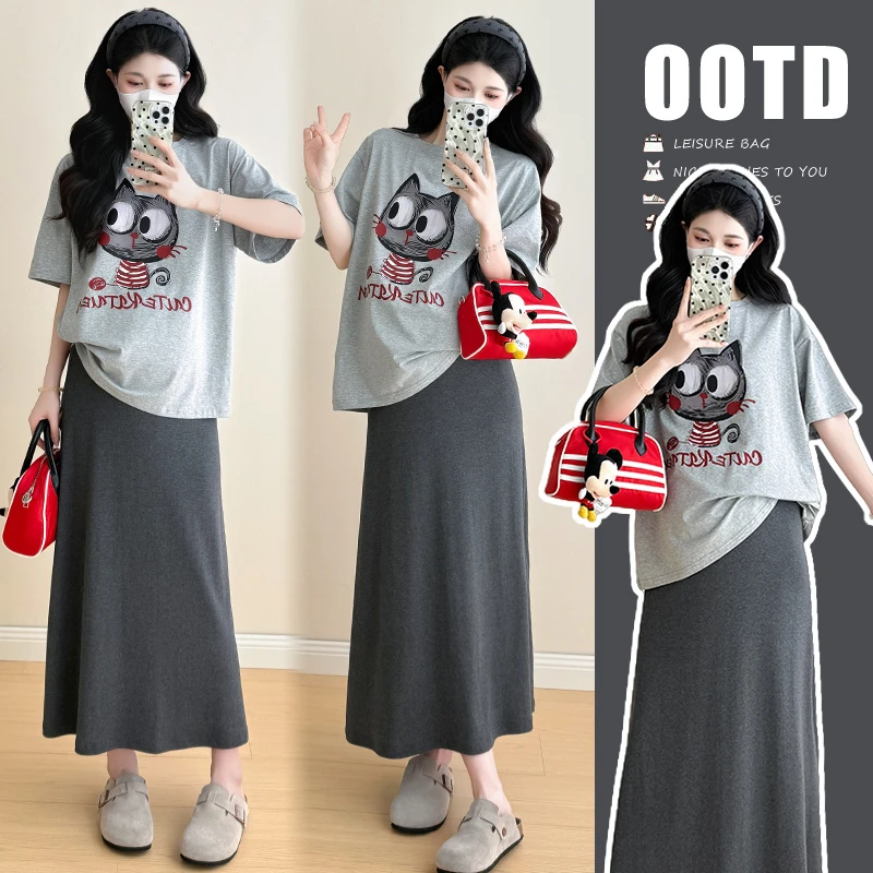 孕妇装夏装套装2025新款时尚设计感印花T恤上衣半身裙两件套夏季
