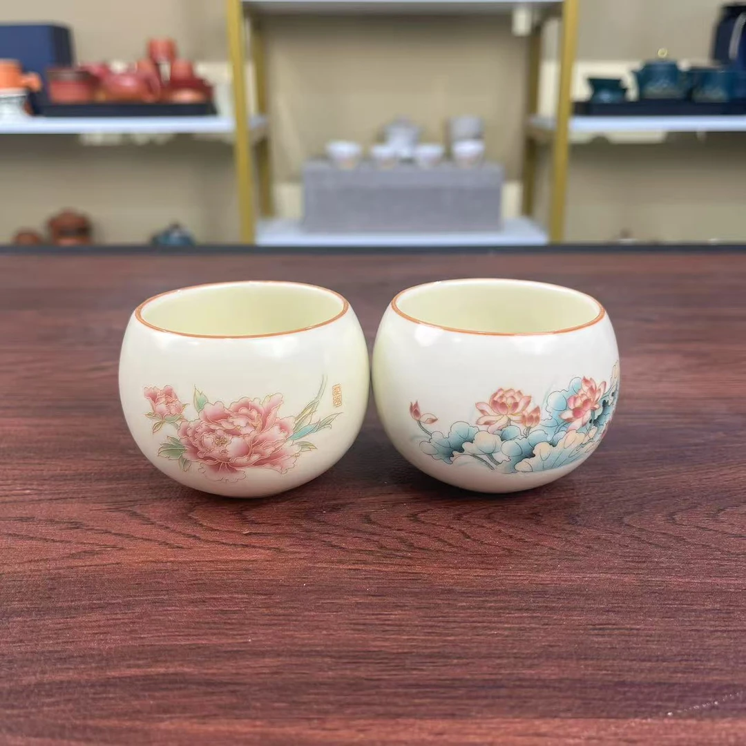 Z3381汝窑富贵牡丹龙蛋杯+红荷花龙蛋杯功夫茶具主人杯