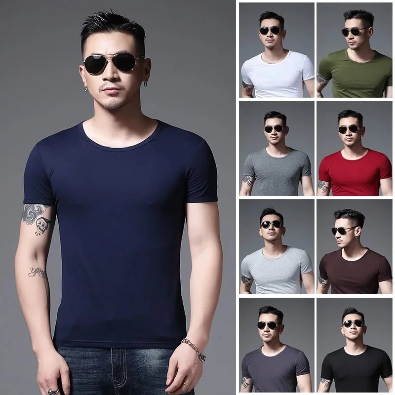 藏青短袖t恤男圆领纯色夏季紧身t恤男健身夏薄款t恤