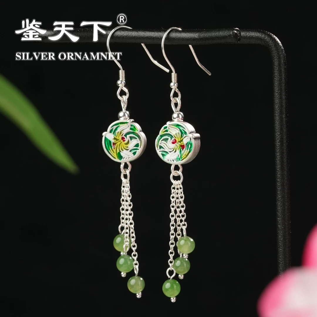 925银珐琅耳饰 【鉴天下】珐琅彩气质兰花圆盘流苏耳饰07120044