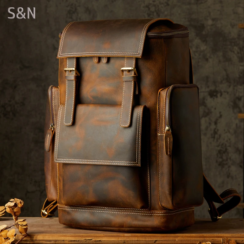手工头层牛皮双肩包男欧美大容量机车男包骑行真皮包潮牌电脑背包