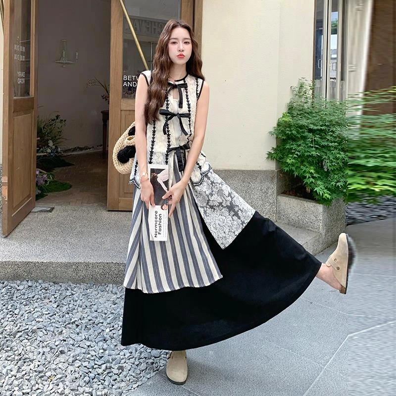 蕾丝无袖马甲不规则半身裙三件套女夏季巨好看超火独特韩系一整套