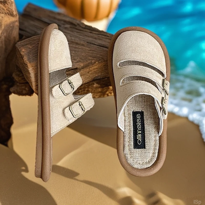 懒人鞋勃肯半2025鞋新款托包头半拖鞋女夏季外穿一脚蹬亚麻凉拖鞋