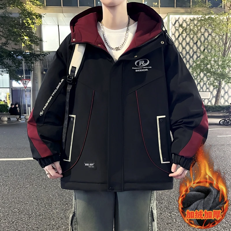 青少年冬季加绒连帽男棉衣冬季上衣青少年男秋冬夹克加绒休闲外套