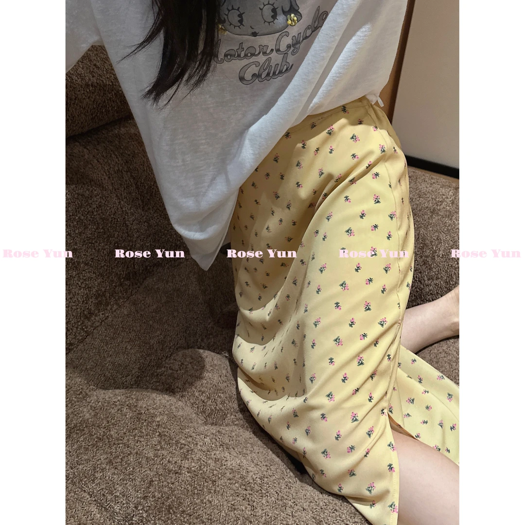 【Rose Yun】柠檬夏日 黄底粉色碎花半身裙 JY055051