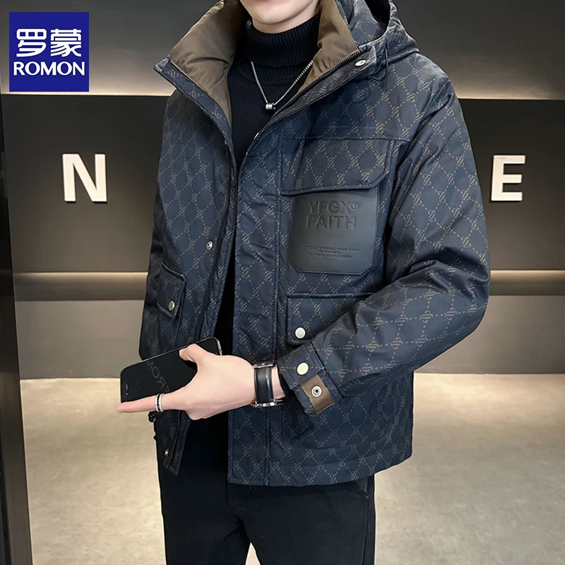 Romon/罗蒙羽绒服男士冬季2025新款潮牌高端男装连帽短款外套冬装