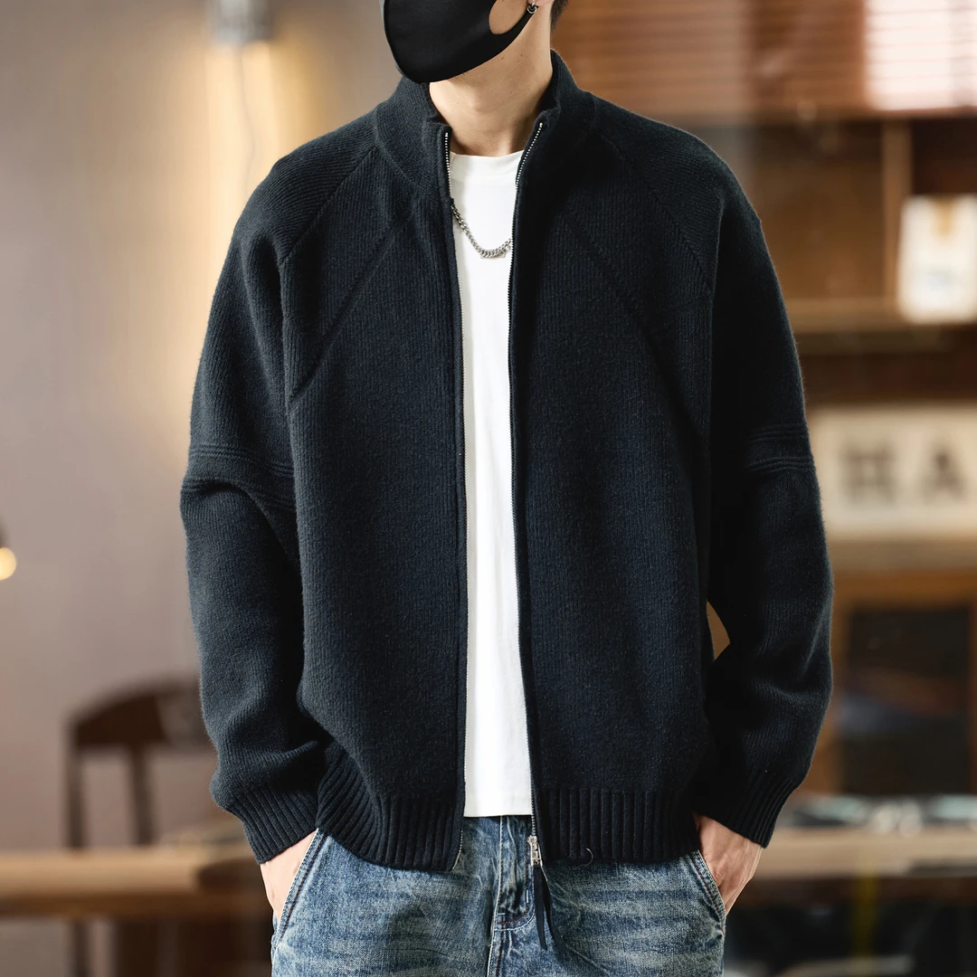 美式重磅双拉链开衫毛衣男士秋冬季潮流帅气休闲外套立领针织衫