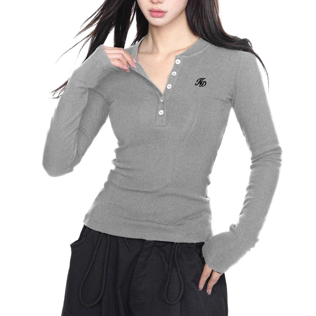 芙慕秋冬季灰色V领纽扣德绒修身长袖T恤打底衫内搭正肩上衣女ins