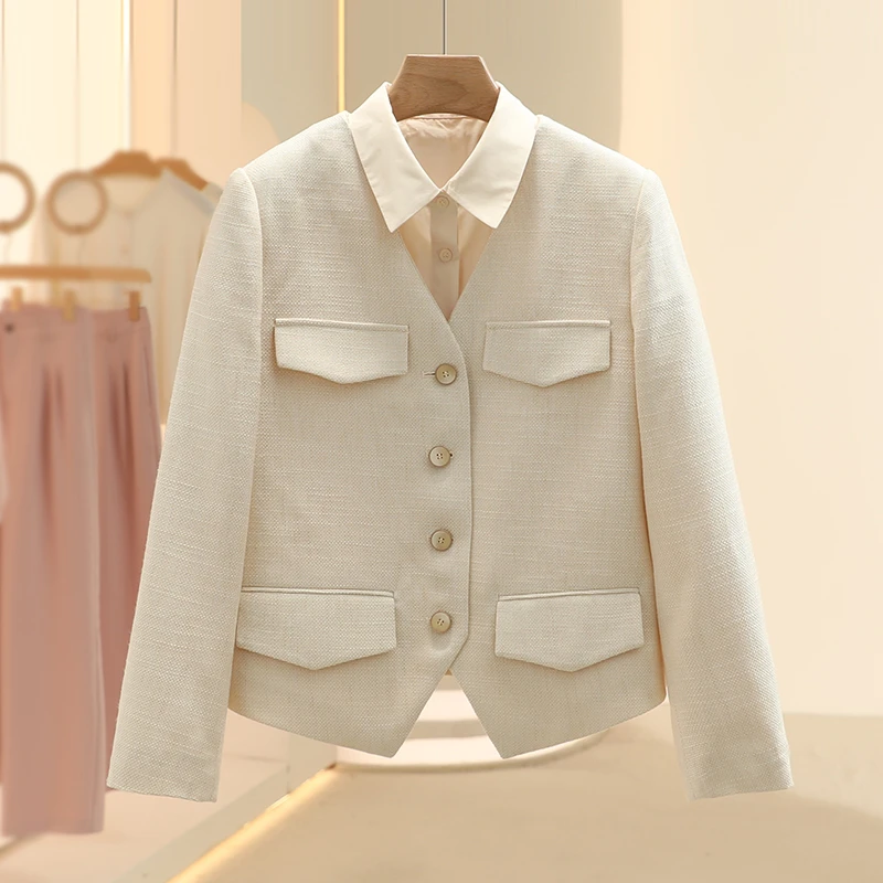 旗舰【E】假两件韩版时髦翻领气质外套2025早春专柜撤柜品牌女装