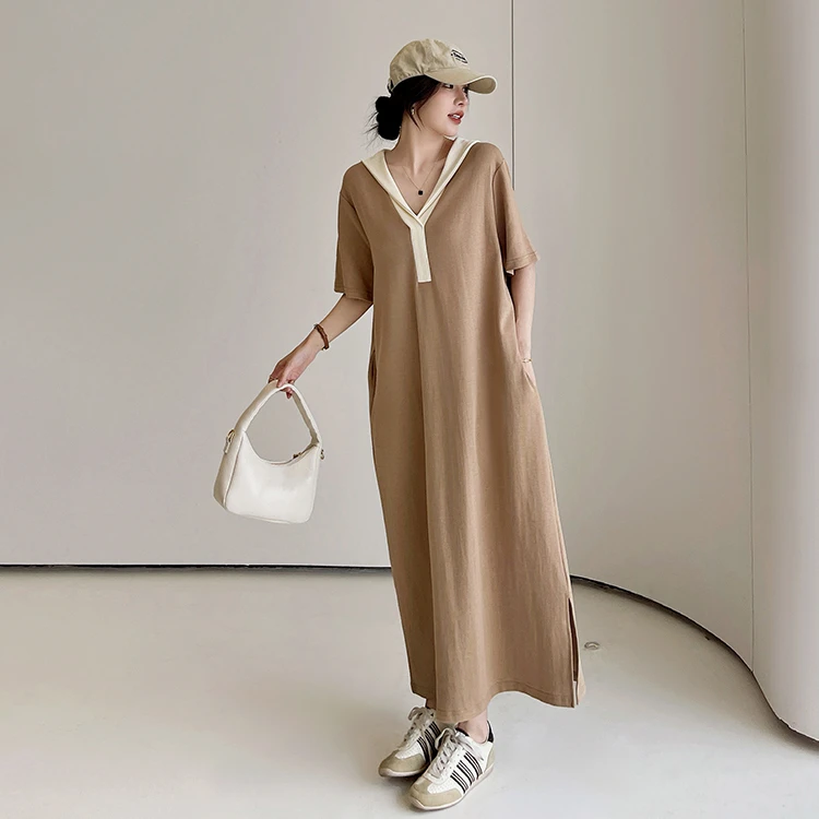 拼色海军领慵懒度假风短袖连衣裙夏季胖mm休闲大码过膝加长T恤裙