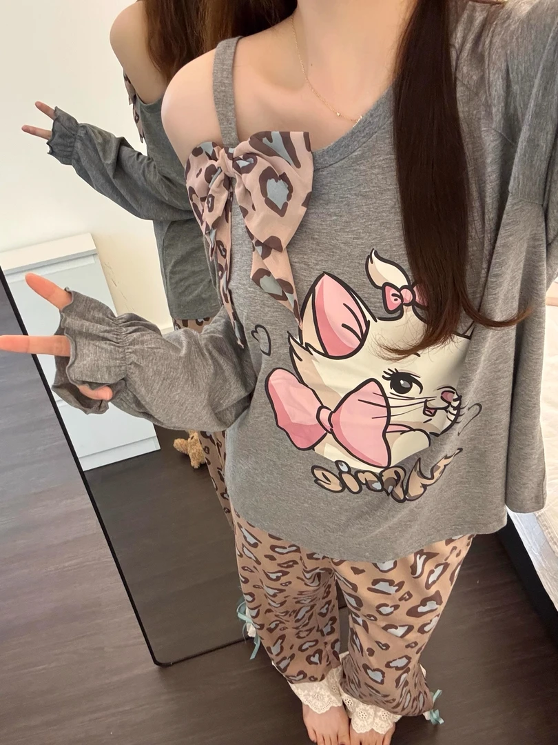 韩系可爱卡通玛丽猫斜肩露肩长袖睡衣女夏季新款辣妹高腰长裤套装