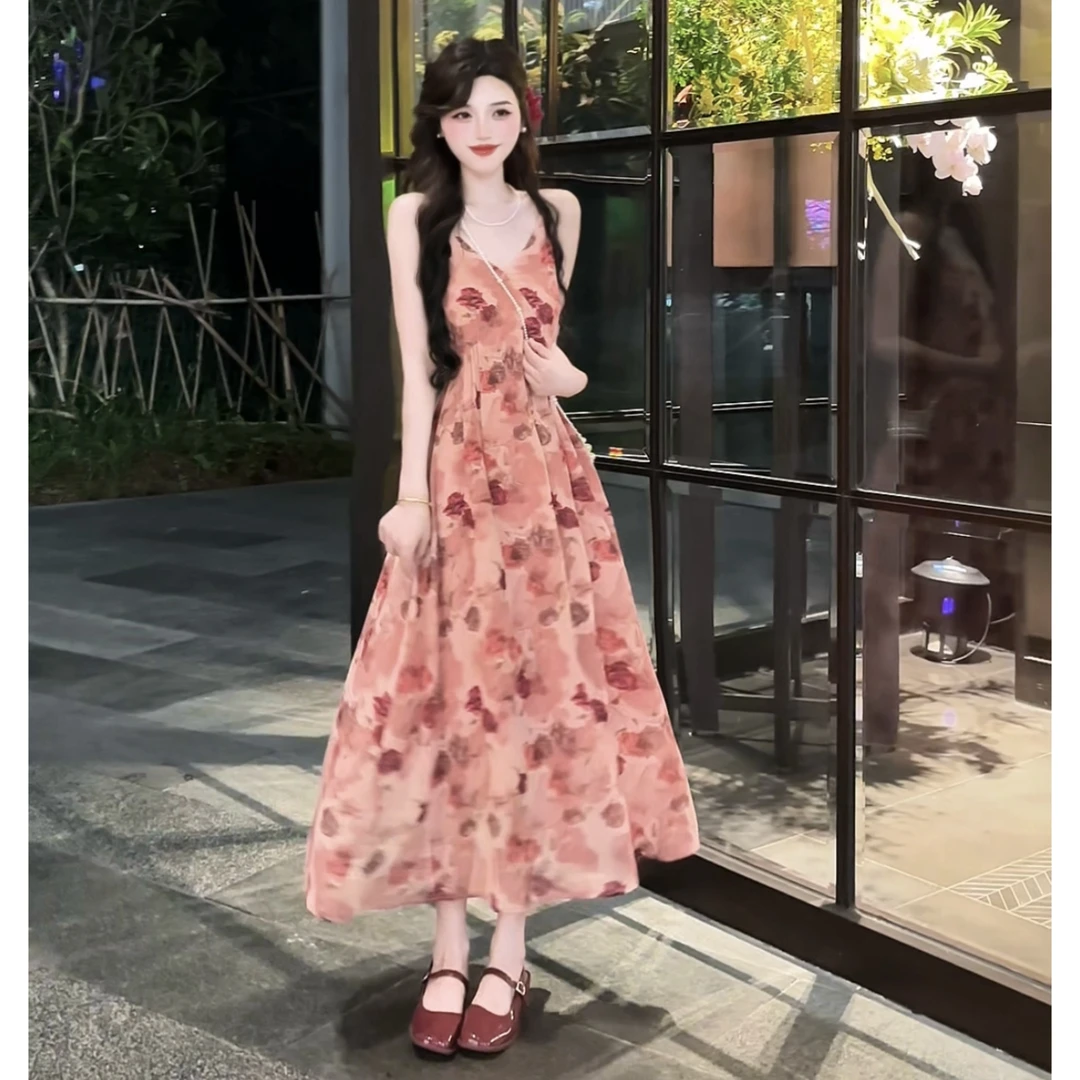 粉色吊带连衣裙女夏季2025新款仙女气质修身显瘦长款裙子7001