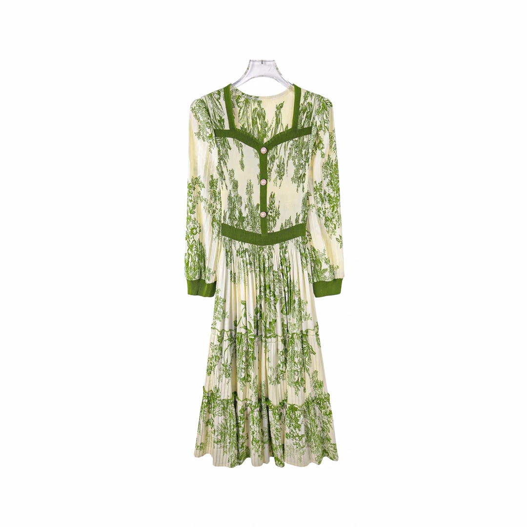 X26207【怦然心动】气质方领印花百褶裙收腰显瘦魔术连衣裙