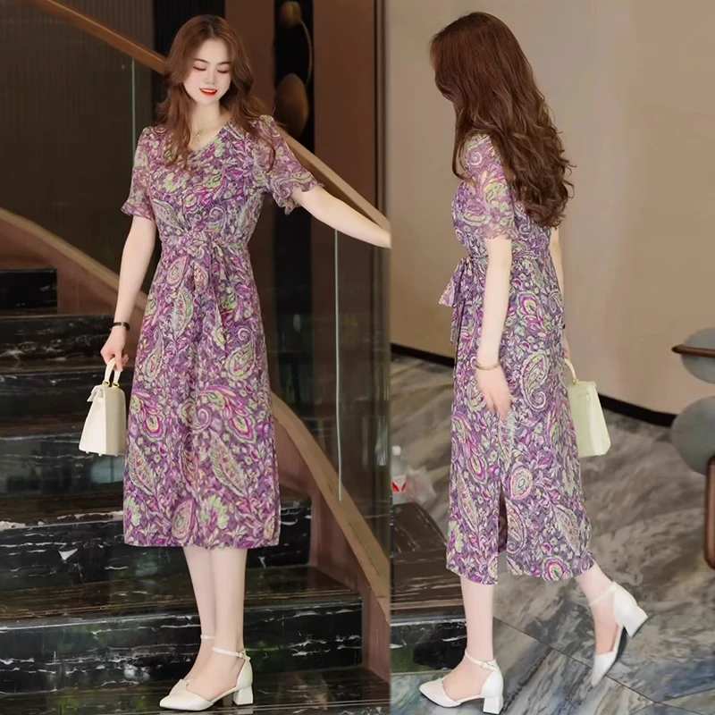 拉夏贝尔时尚洋气碎花连衣裙女2025夏季新款中长款气质收腰雪纺裙