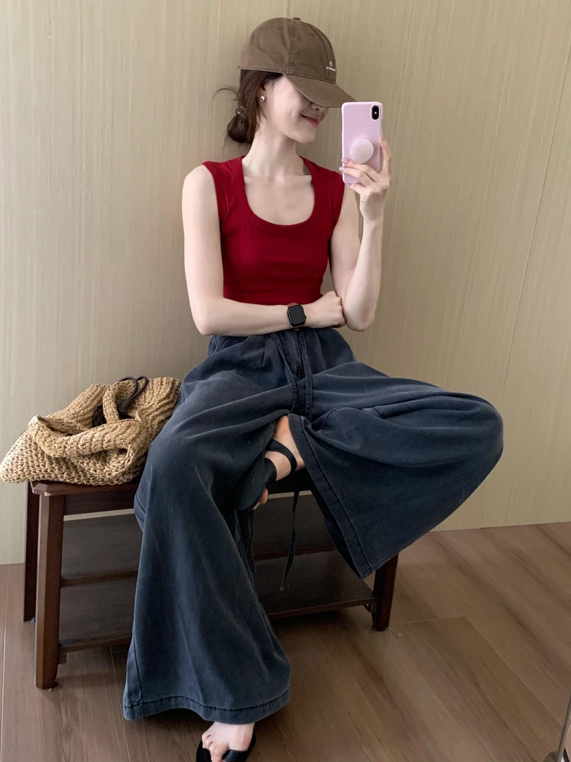 2025夏季新款韩系穿搭一整套女红色U领背心上衣阔腿裤休闲两件套