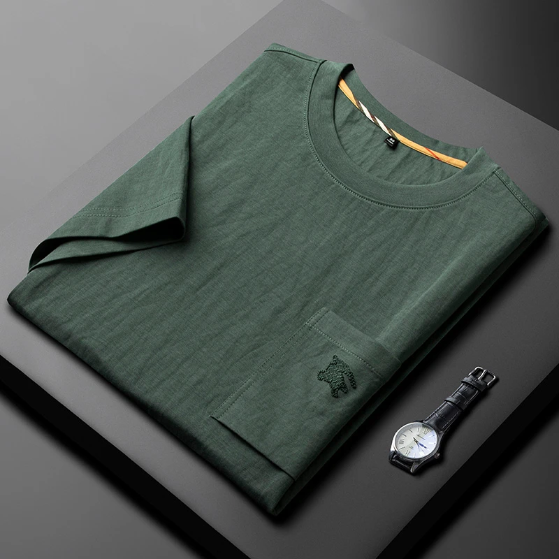 轻奢时尚潮流简约夏季薄款短袖t恤男士刺绣口袋修身休闲半袖上衣
