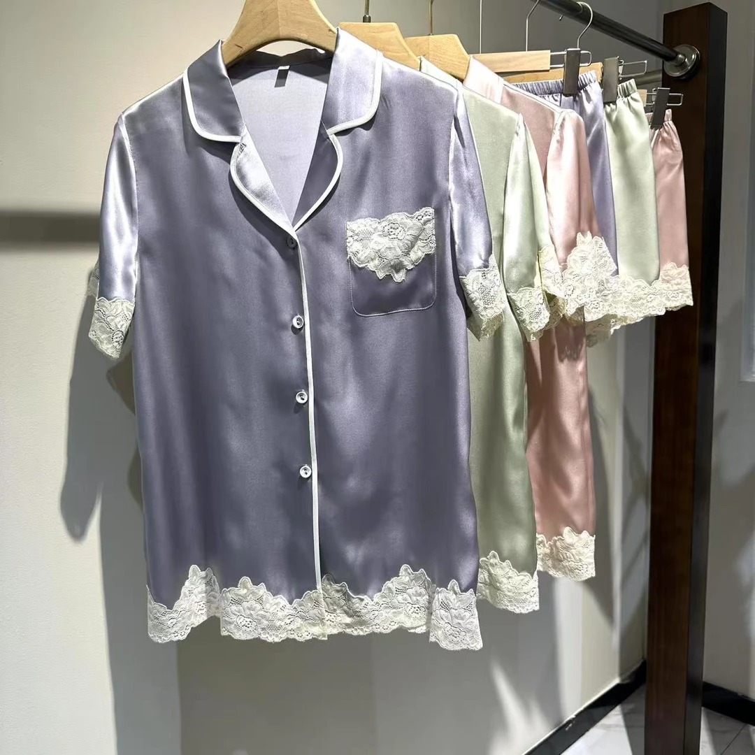 【睡衣工厂直销】真丝睡衣100%桑蚕丝短袖短裤睡衣女套装T2452