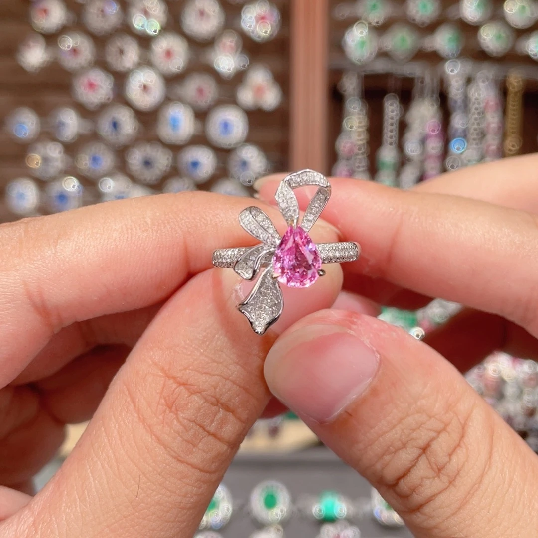 戒指彩色蓝宝石14K金镶嵌1.11ct 无烧帕帕