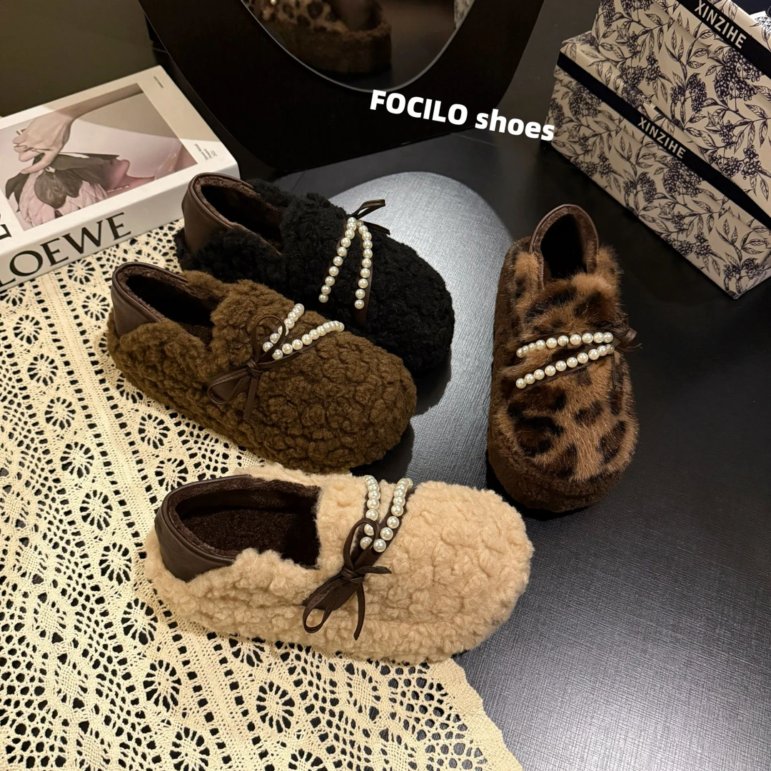 厚底一脚蹬毛毛鞋女冬季外穿新款加绒面包勃肯鞋雪地靴棉鞋子