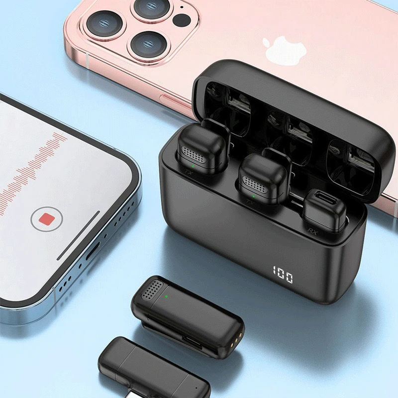 跨境一拖二无线领夹麦克风蓝牙充电仓手机直播收音降噪话筒领夹式