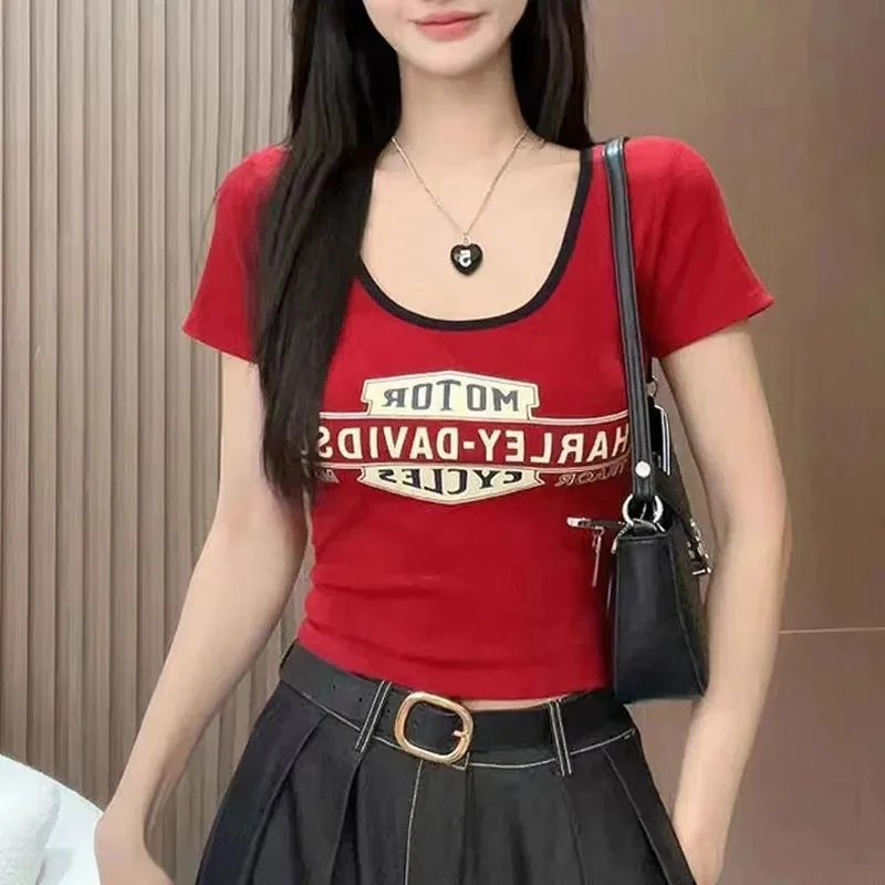 撞色u领T恤上衣女夏季新款韩版露锁骨设计感修身显瘦短袖气质短款