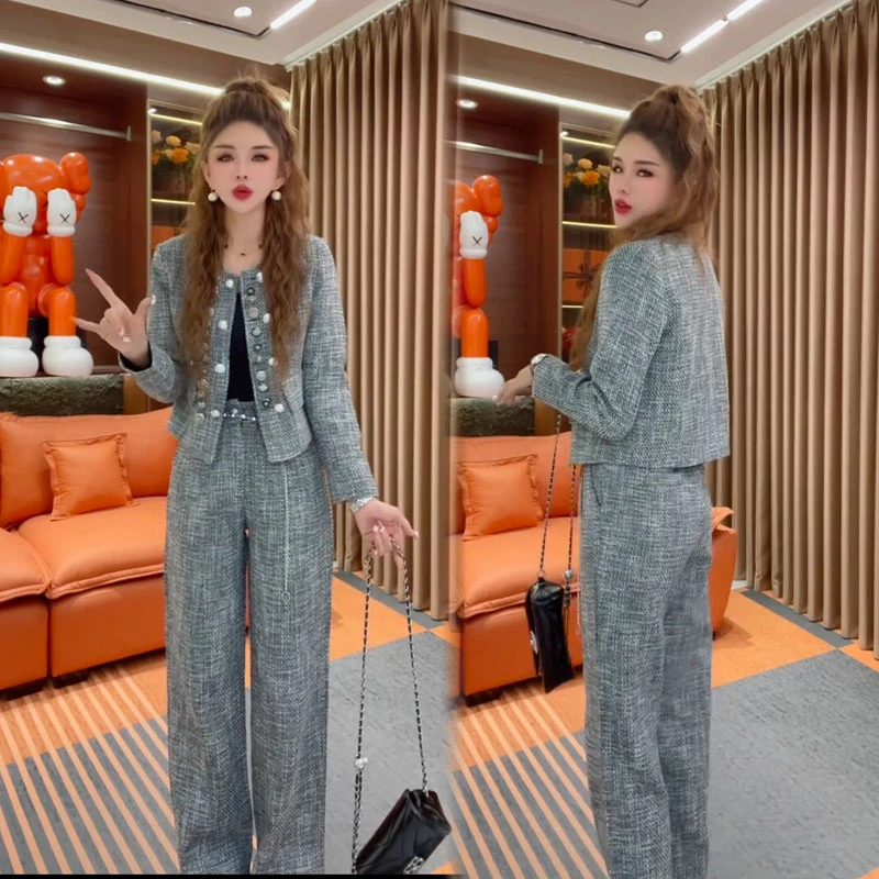 欧洲站2025秋季新款时尚休闲套装女宽松显瘦百搭短款外套+直筒裤