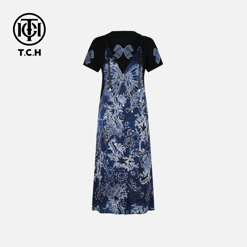 TCH私服烫钻工艺时尚休闲气质蝴蝶连衣裙女T75B30E5123轻奢tch