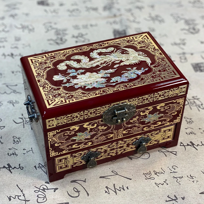 [凤戏牡丹]23#罩漆螺钿漆器首饰柜古典三金嫁妆盒结婚陪嫁盒送礼