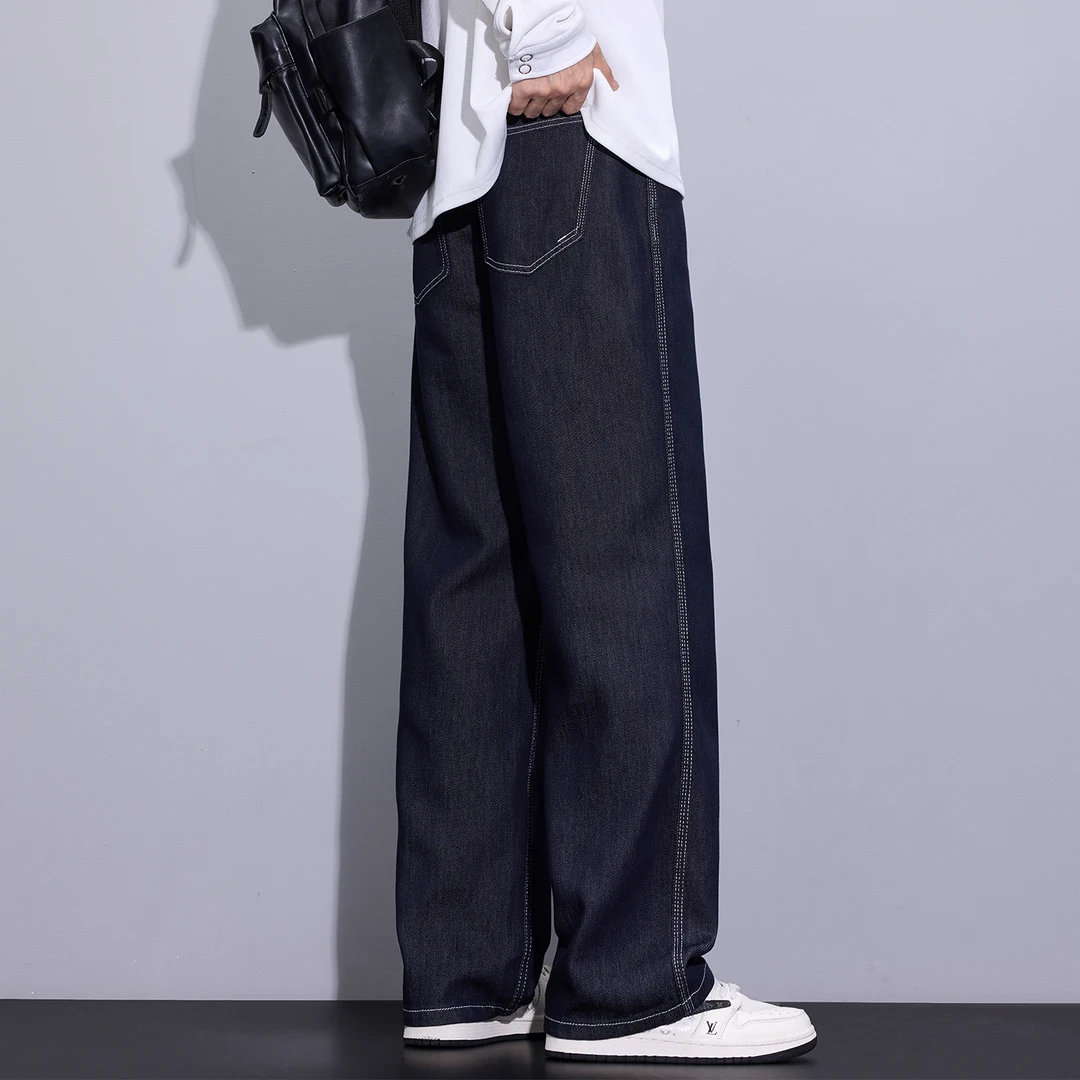 Kuvine秋季辑明线cleanfit高街复古水洗做旧宽松直筒潮牌牛仔裤男