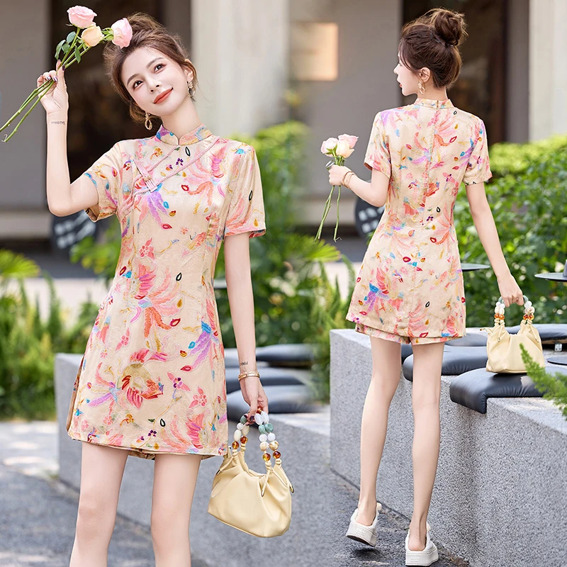 新中式改良旗袍套装女2025年夏季新款气质显瘦提花上衣短裤两件套